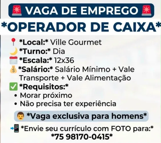 Vaga pra operador de caixa não precisa experiência