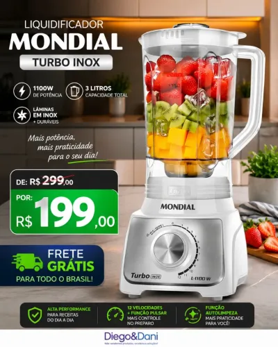 Liquidificador Mondial Turbo Inox 3l 1100w Branco