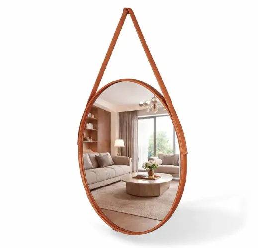 Espelho Redondo Decorativo Com Alça de Couro 60cm