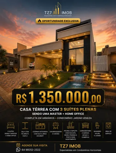 Belíssima casa térrea com 3 suítes plenas sendo uma master + Home Office, completa em arm