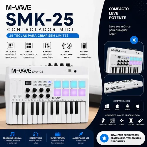 Teclado Controlador MIDI M-VAVE SMK-25 - 25 Teclas Sensíveis à Velocidade