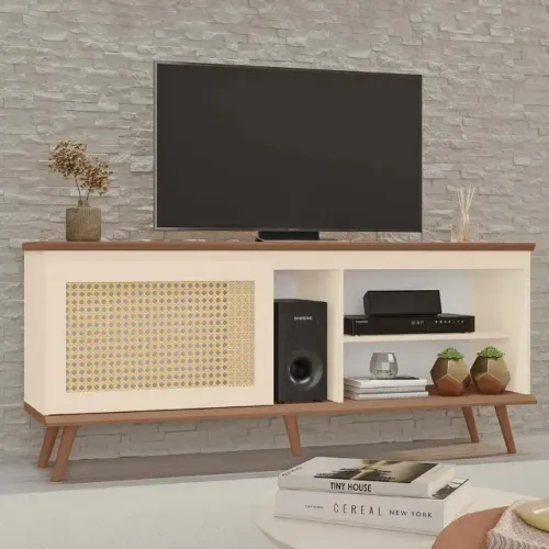 Rack Camille 100% MDF Tuboarte 1 Porta 3 Nichos e Pés Estilo Retrô - Off White