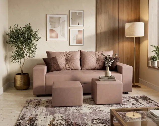 Sofá quadrado 3 lugares com centro, puff e almofadas decorativas grátis