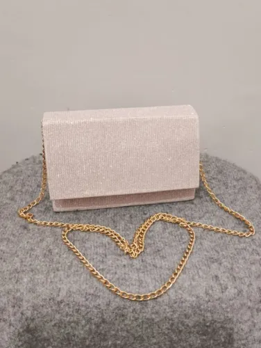 Bolsa Clutch de Festa Glitter Rosé com Alça Dourada