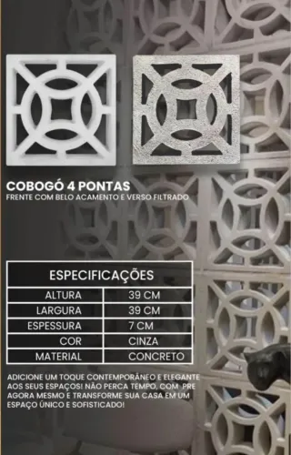 Cobogó 4 Pontas Cinza - Concreto Decorativo