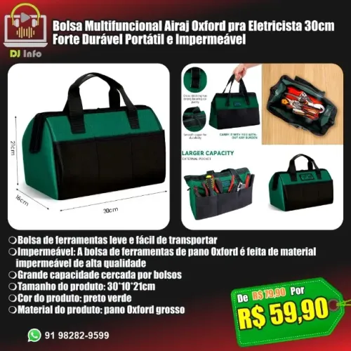Bolsa Multifuncional Airaj Oxford pra Eletricista 30cm Forte Durável e Impermeável