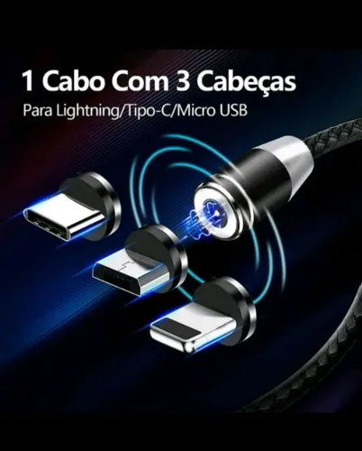 Cabo Magnético 3 em 1 tipo C iPhone e micro USB