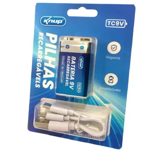 Bateria 9v Recarregável 500mah Com Cabo Tipo-c Knup