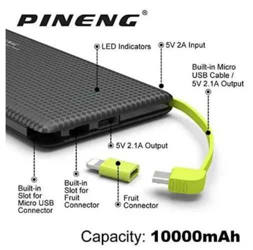 Carregador Portátil 10.000 MAh Original Pineng Power Bank Slim