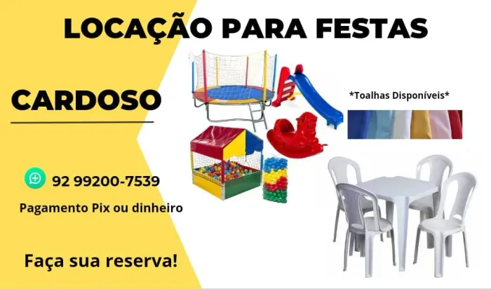 Locação de mesas e cadeiras e para sua festa + Pula-pula e casinha + Gangorra