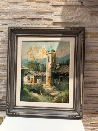Quadro a Óleo sobre Tela - Paisagem com Torre | Assinado Rubens | Moldura Clássica
