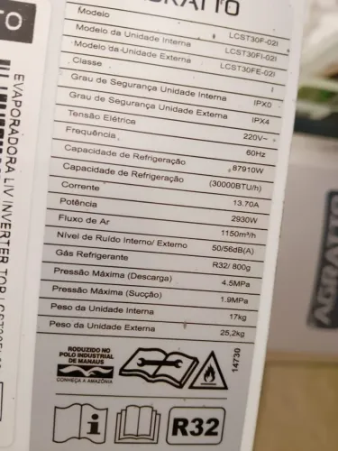 AR-CONDICIONADO AGRATTO INVERTER 30.000 BTUs - SEMINOVO