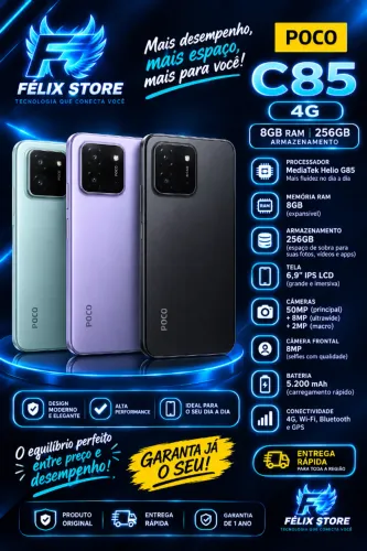 POCO C85 4G 256GB 8GB RAM | Smartphone com Ótimo Custo-Benefício e Entrega Disponível