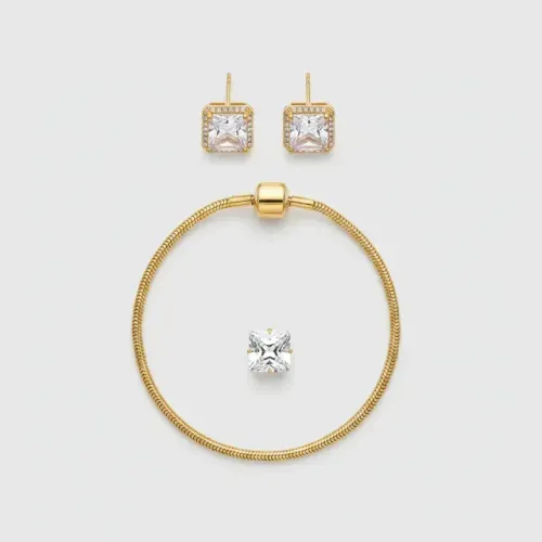 Kit com Brincos e pingente semijoias cravejados com zircônias e pulseira banhada