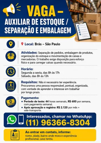? VAGA - AUXILIAR DE ESTOQUE / SEPARAÇÃO E EMBALAGEM