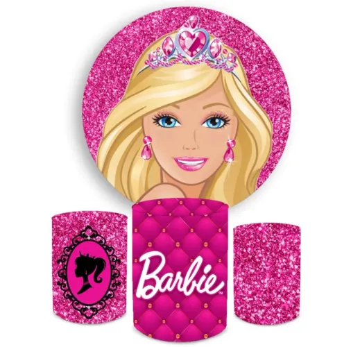 Kit capa painel redondo 1,5x1,5 e trio de capas cilindros tema Barbie 