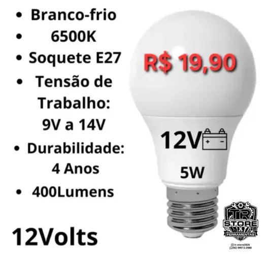 Lâmpada LED Bulbo 12V 5W - Branco Frio 6500K<br><br>