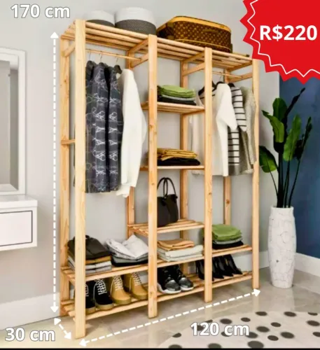 Cabideiro prateleira sapateira armário móveis pinus ripas guarda roupa closet aberto