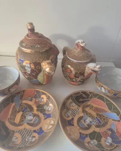 Conjunto Antigo Porcelana Japonesa Satsuma Hododa Dragão 