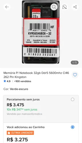Memória Notebook 32gb Ddr5 5600mhz Cl46 262Pin Kingston ou 64gb por R$ 5k