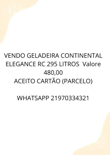 VENDO GELADEIRA CONTINENTAL ELEGANCE RC 295 LITROS Valore 480,00