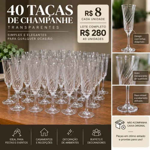 40 Taças de Champanhe Transparentes - Festas, Casamentos e Eventos