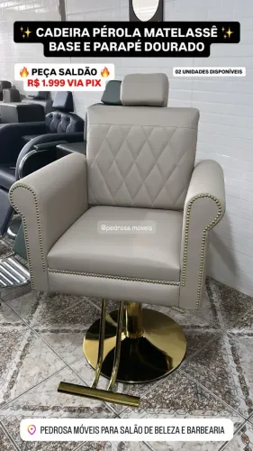 Cadeira Hidráulica Dourada para Salão de Beleza Maquiagem Cabeleireiro Perola Matelassê