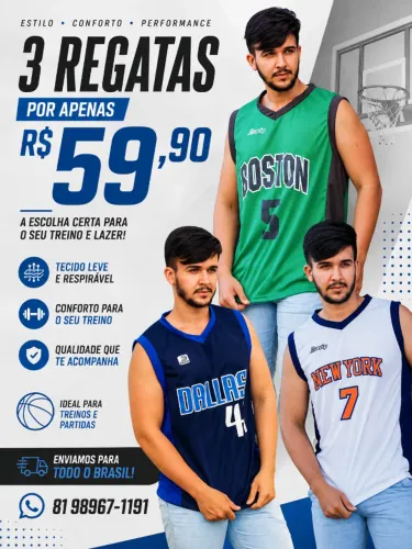 Regata Basquete Masculina Dry Fit - 3 por R$ 59,90