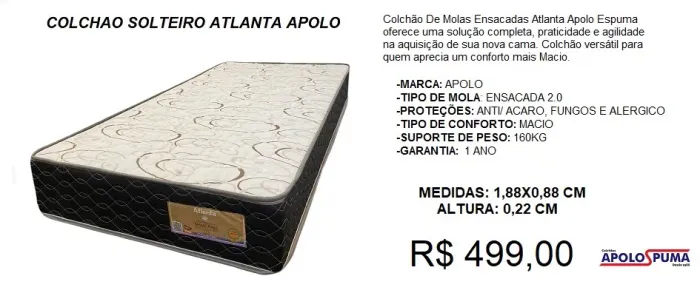 COLCHÃO MOLA SOLTEIRO - ENTREGA GRÁTIS