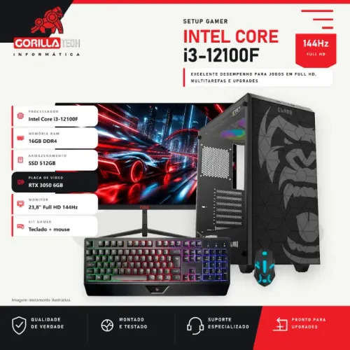 Setup Gamer i3-12100F RTX 3050 6GB 16GB SSD 512GB Monitor 144Hz Teclado - Modelo 1