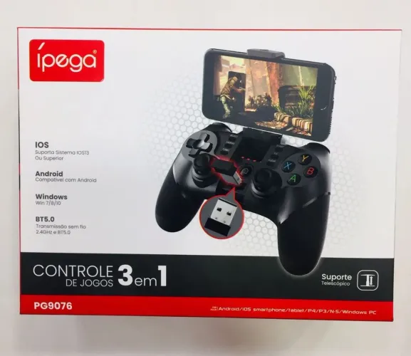 Controle de Jogos Ípega PG-9076 - 3 em 1 - Android / iOS / Windows - Novo<br>