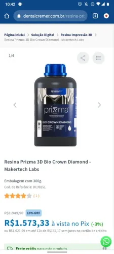 Resina Prizma 3D Bio Crown Diamond - Makertech Labs