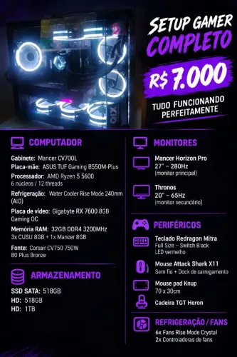 SETUP GAMER COMPLETO RX 7600 + Ryzen 5 5600 + 32GB + 2 MONITORES