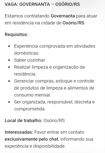 Vaga de governanta