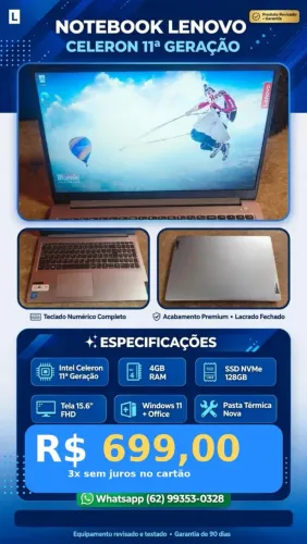 Notebook Lenovo Celeron 11°Gth/ SSD Nvme 128GB/ 4GB/
