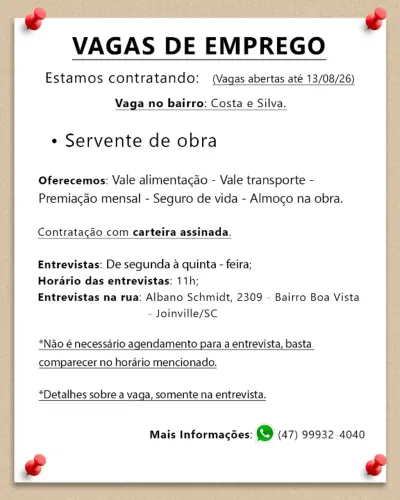 Servente de obra. Joinville/SC