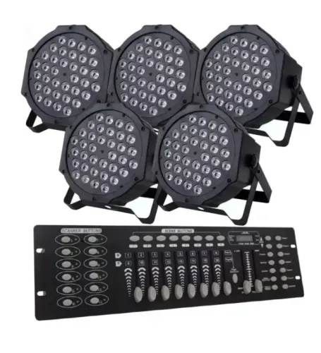 5 Canhões Refletores Led Rgbw 36 Leds Dmx Slim + Mesa Dmx 8/16v