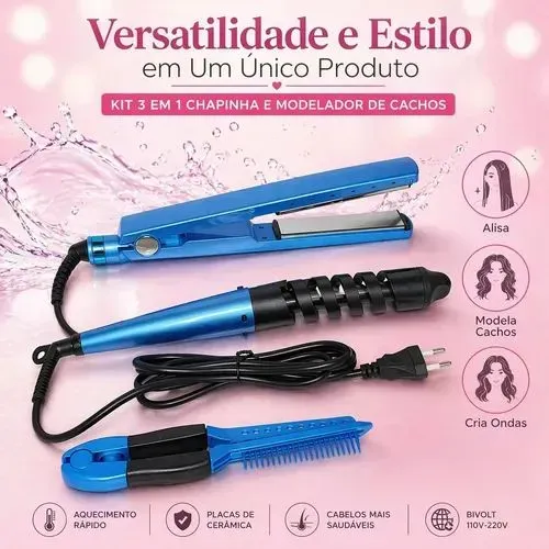 Kit modelador 3 em 1 Chapinha de cabelo Pente Antiestático e Babyliss para cachos