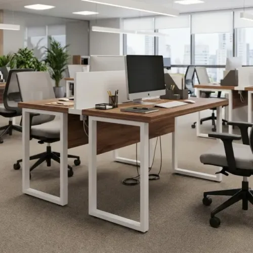 Estacao Trabalho Dupla 2 Lugares Pe Quadro Nogal Branco Tomada Escritorio Premium 34424