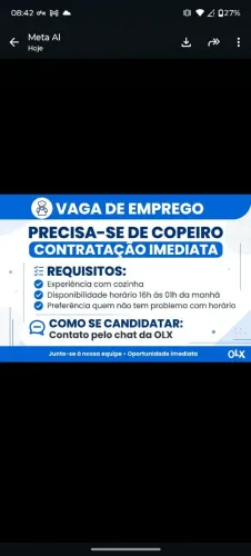 Oportunidade de trabalho em bar na jatiuca
