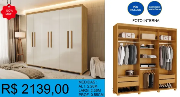 Roupeiro 100% mdf alt:2,26m larg:2,36m á pronta entrega - frete gratuito!