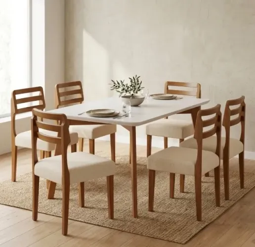 Conjunto de Jantar Veneto 6 Lugares Mel com Cadeiras em Linho Palha