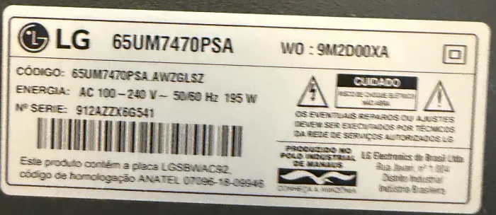 TV LG 65" 4K Smart (Modelo 65UM7470PSA) - Para Retirada de Peças?