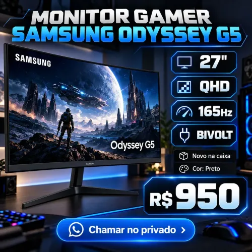 Monitor Gamer Samsung Odyssey G5, 27 , Qhd, 165hz Cor Preto bivolt