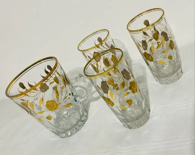 Antigo Conjunto Balde De Gelo E 3 Copos Cristal Pintado Ouro