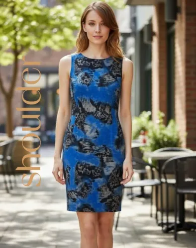 Vestido Estampado Shoulder Curto Tubinho Animal Print Azul