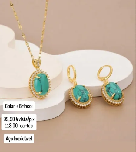 Colar + Brincos Pedra Turquesa 