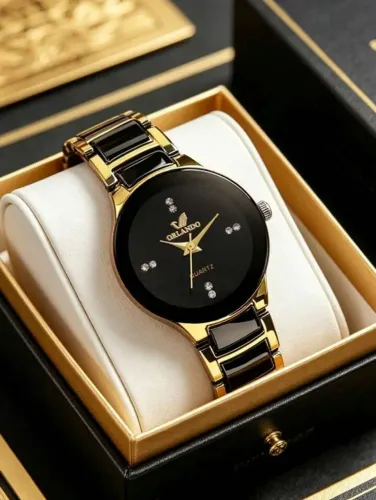 Relógio Unissex Orlando Dourado c/Preto Fashion Luxo Moderno Quartzo Á Prova D'água
