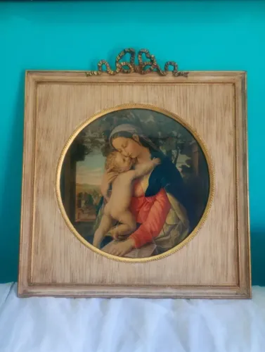 Antiga gravura com moldura em madeira - Madonna / Maria com filho <br>