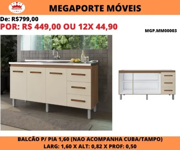 BALCÃO DE PIA 1.60 - 03 PORTAS - 03 GAVETAS